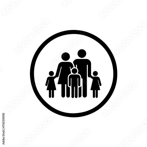 black and white line art vector icon depicting the silhouette of a family standing closely together, enclosed by a clean circular outline. The design beautifully symbolizes family unity, unconditional