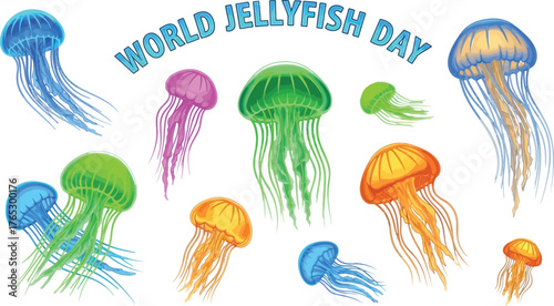World jellyfish day banner colorful jellyfish vector illustration for poster, card, banner and invitation