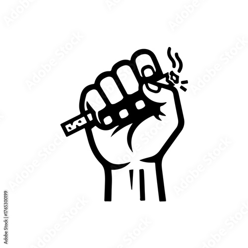 A compelling black and white line art vector icon depicting a strong hand firmly grasping and crushing a cigarette. This powerful image symbolizes the decisive act of quitting, willpower