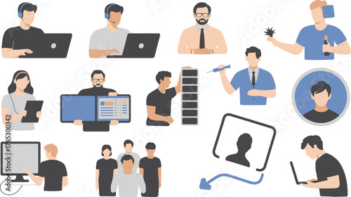 Diverse Illustration of People Interacting with Technology and Participating in Various Activities