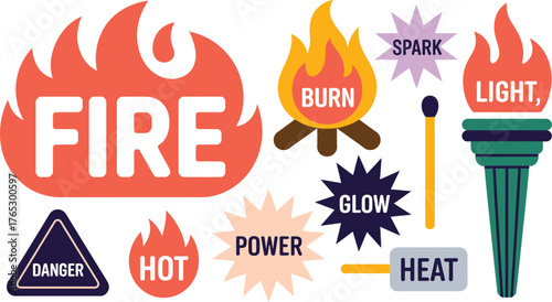 Fire Symbols Flames, Danger Sign, Torch, Match, and Descriptive Words for Energy and Heat Illustration