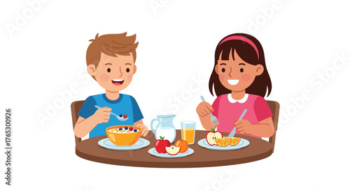 Joyful kids savoring breakfast together, a delightful moment perfect for illustrating family life, healthy eating habits, and happy childhood memories