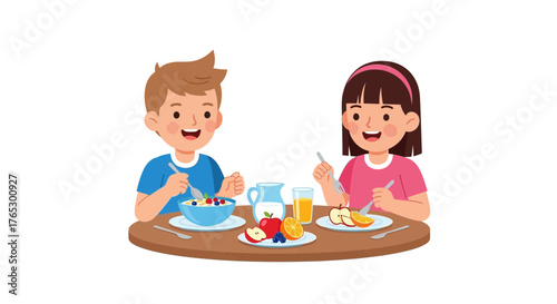 Happy kids enjoying a healthy breakfast together, fostering positive eating habits and cheerful mornings with delicious fruits and refreshing juice
