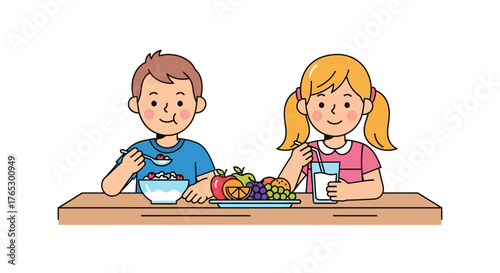 Cheerful kids enjoying nutritious breakfast with cereal and fruit, fostering healthy eating habits from a young age, encouraging wellness and positive choices