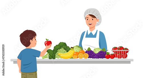 Healthy Choices Abound A boy selects a bright red apple from a colorful display of fresh fruits and vegetables with friendly lunch lady