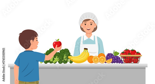 Healthy Choices Matter: Boy Selecting Fresh Apple at School Cafeteria with Smiling Server Offering Nutritious Fruit and Vegetables for a Balanced Diet