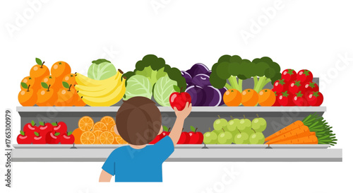 Child chooses fresh apple from vibrant produce display, promoting healthy eating and nutrition in a grocery store, originally a scalable vector graphic