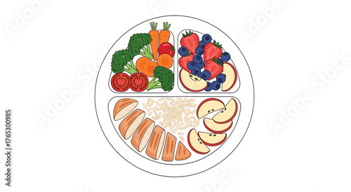 Balanced Plate with Healthy Food Portions: Fresh Vegetables, Juicy Berries, Chicken, Rice, and Apple Slices for a Colorful, Nutritious Meal