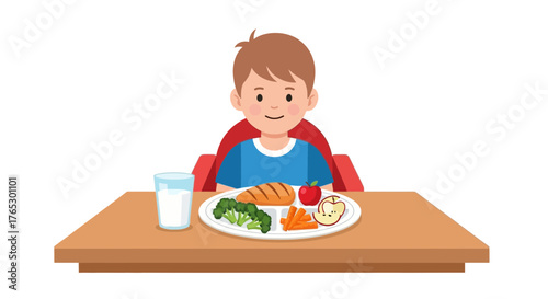 Happy, healthy young boy enjoys nutritious meal of chicken, broccoli, carrots, and apple slices with a refreshing glass of milk at the table