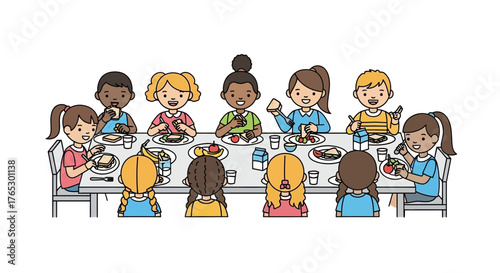 Delightful diverse group of kids enjoying lunchtime together, promoting healthy eating habits and school nutrition programs, originally created as a scalable graphic
