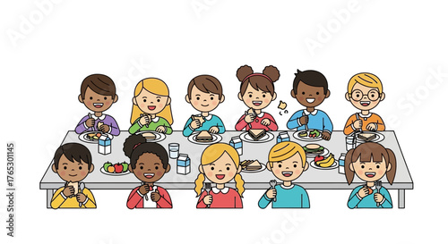 Happy, diverse children enjoying a school lunch together around a long table, promoting friendship, healthy eating habits, and togetherness in a positive environment