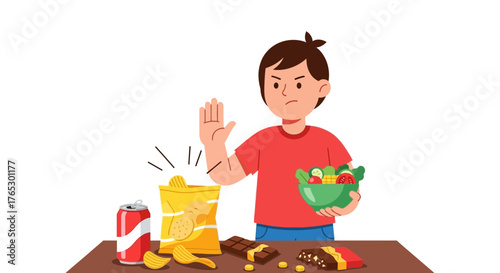 Determined young boy rejects junk food, choosing healthy salad and lifestyle for a vibrant future. A fresh, modern approach to health and wellness
