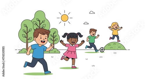 Joyful children running and playing outdoors under sunny skies, celebrating childhood fun and active lifestyles in a playful, heartwarming scene