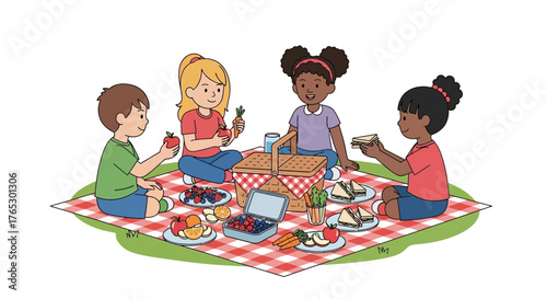 Joyful kids share snacks during a cheerful picnic on a checkered blanket, creating a sweet moment of friendship and outdoor fun, perfect for family content