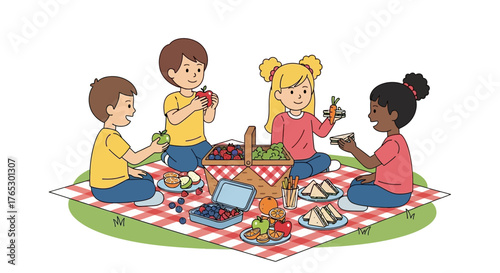Happy children enjoy a delightful picnic with fruit, sandwiches, and fun, creating a joyful summer memory from this originally scalable graphic