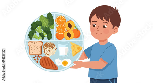 Cheerful boy presenting balanced healthy meal plate with fruits, vegetables, protein, and grains for nutrition education and dietary awareness