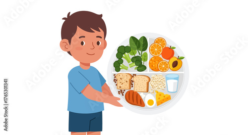 Healthy eating habits for kids, smiling child with balanced meal plate promoting nutrition and wellness, perfect for education and lifestyle content
