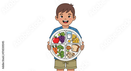 Child proudly showing healthy balanced meal plate with protein, fruits, vegetables, and dairy in a cheerful, educational scene promoting nutrition
