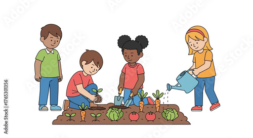 Cheerful children enjoying gardening activities together planting vegetables and watering plants, promoting healthy eating and outdoor fun, originally vector graphics