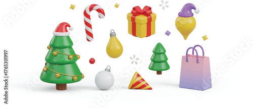 3D Christmas elements pack isolated on white. trees, candy cane, gift box, baubles, party hat, ornaments, and shopping bag with soft shadows, playful minimal style for festive banners and layouts.