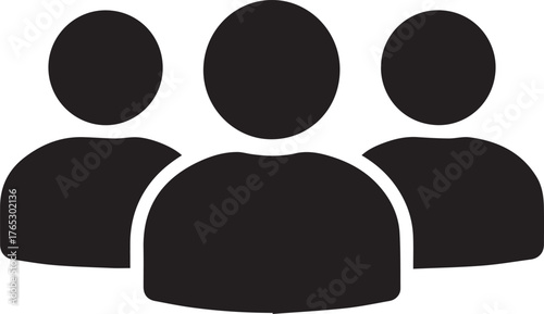 Minimal Flat Black Vector Icon of Three Human Silhouettes Side by Side Representing Group or Team - Transparent Background - UI Design Icon