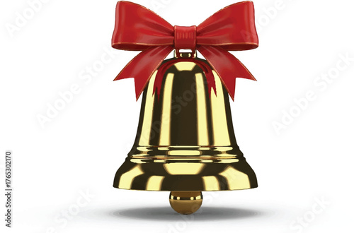 Gold Christmas bell with shiny red ribbon bow, polished metallic 3D render centered on white background, minimal festive ornament for greeting designs and seasonal advertising.