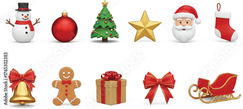set of 3D Christmas icons on white. including snowman, bauble, tree, star, Santa head, stocking, bell, gingerbread, gift and sleigh. for card, decor and poster
