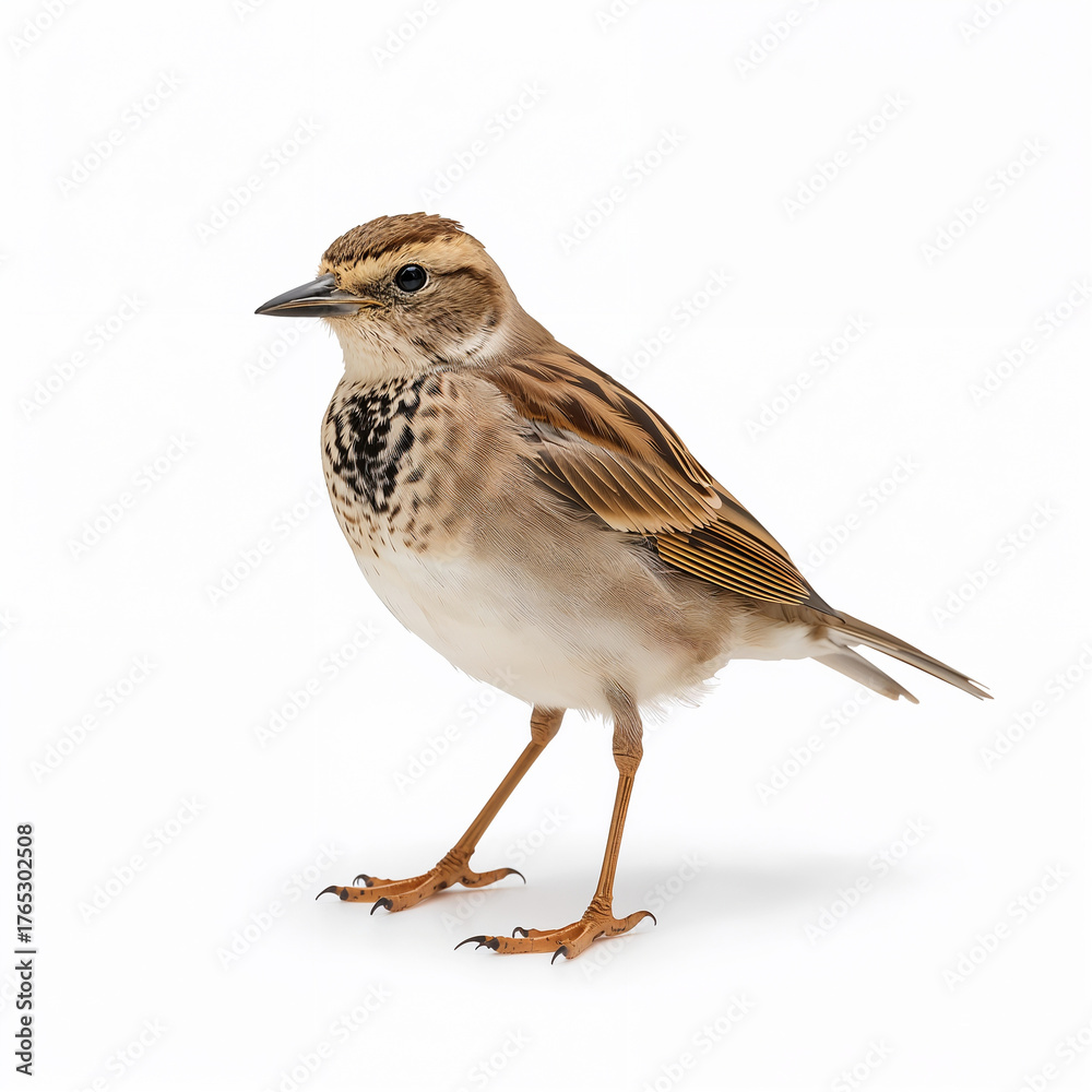 Fototapeta premium Song Sparrow Portrait on White Background, Close-Up of Melospiza melodia with Streaked Brown and White Feathers