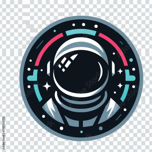 Astronaut head in a space helmet circular vector emblem.