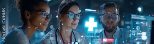 A group of focused professionals analyzes data on digital screens, teamwork in a high-tech medical environment, daily life with AI tech