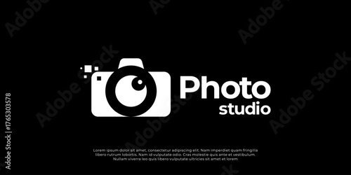 Modern and minimalist photo studio logo featuring a camera with a pixel effect and eye-shaped lens. Perfect for photography, media, and digital creative businesses.
