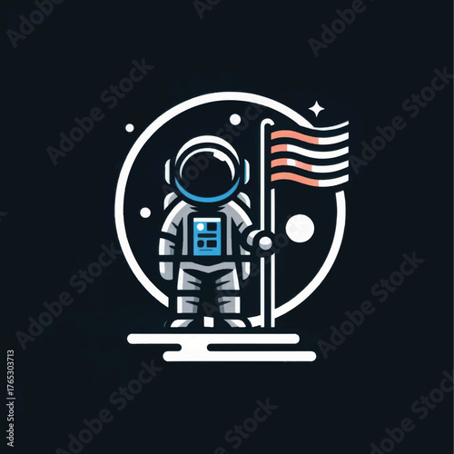 Astronaut standing on moon holding American flag.