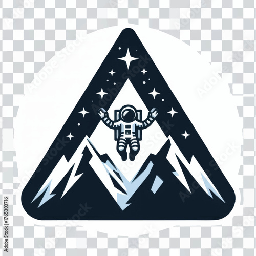 Astronaut soaring above mountain peaks in space illustration.