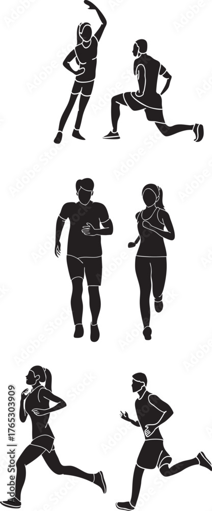 Obraz premium Minimalist Outline Active People Fitness Exercise and Running Silhouette Illustration