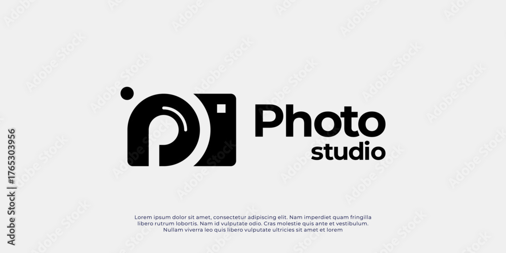 Obraz premium Modern and minimalist photo studio logo featuring a camera with a pixel effect and eye-shaped lens. Perfect for photography, media, and digital creative businesses.