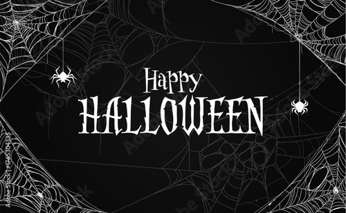 Happy Halloween banner with spiderweb and cobweb threads with hanging spiders. White spiderwebs stretching across black vector background for Halloween holiday greeting card with spiders in cobweb