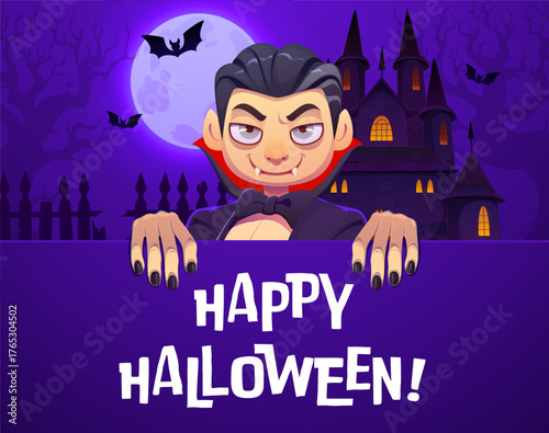 Happy Halloween vector banner with funny cartoon vampire. Charming ghoul with sharp fangs, red lined cape and slick black hair peers from behind a banner in front of spooky enchanted castle silhouette