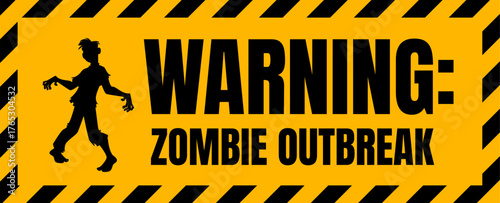 Zombie warning sign, horror alert. Yellow vector hazard sign displays creepy black silhouette of staggering zombie with danger and urgency striped border. Halloween party event sign of zombie warning