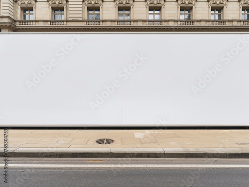 Blank white construction hoarding mockup on a city street sidewalk. Empty fence for outdoor advertising.