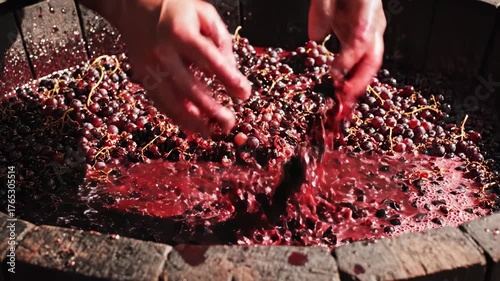 Hand Crushing Grapes in Wooden Vat for Fresh Juice Production