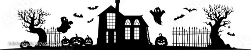 Halloween scary haunted house, old home silhouette. Halloween scary building, spooky haunted house or vampire old mansion vector silhouette with flying bats and ghosts, dead trees and pumpkins