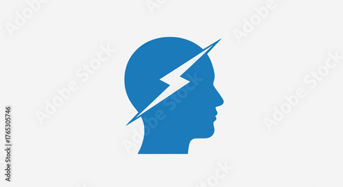 Blue Silhouette of a Human Head with a Lightning Bolt Symbolizing Idea.