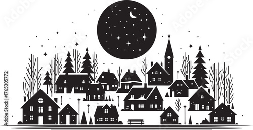 Winter Night Village Scene Silhouette