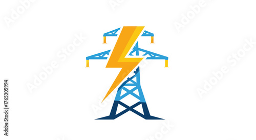 Electric power transmission tower with lightning bolt symbol illustration.