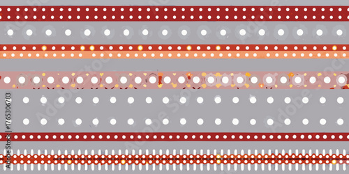 Abstract horizontal stripes with repeating dot and circle patterns in red gray and orange hues