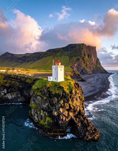 Dramatic Icelandic Coastline - Lighthouse on Cliff at Sunset.