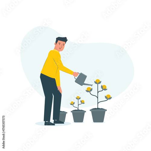Personal Growth Investment Illustration – Man Watering Flower Pots