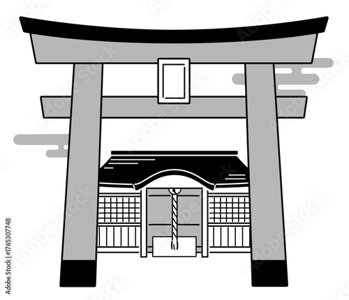 神社の鳥居と拝殿のモノクロイラスト
