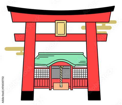 神社の鳥居と拝殿のカラーイラスト