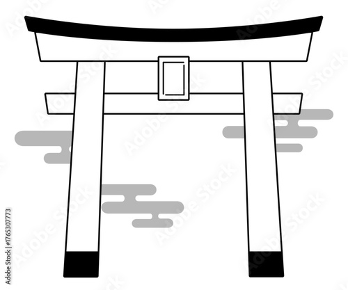 神社の鳥居と和風な雲のモノクロイラスト